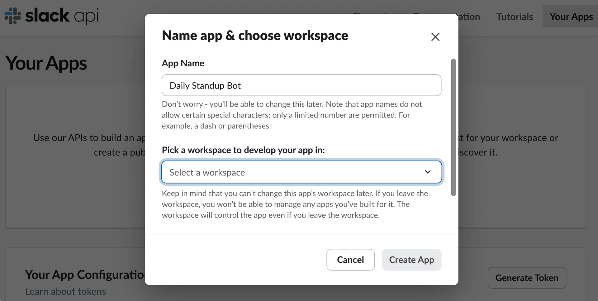 Naming the Slack app and choosing a workspace
